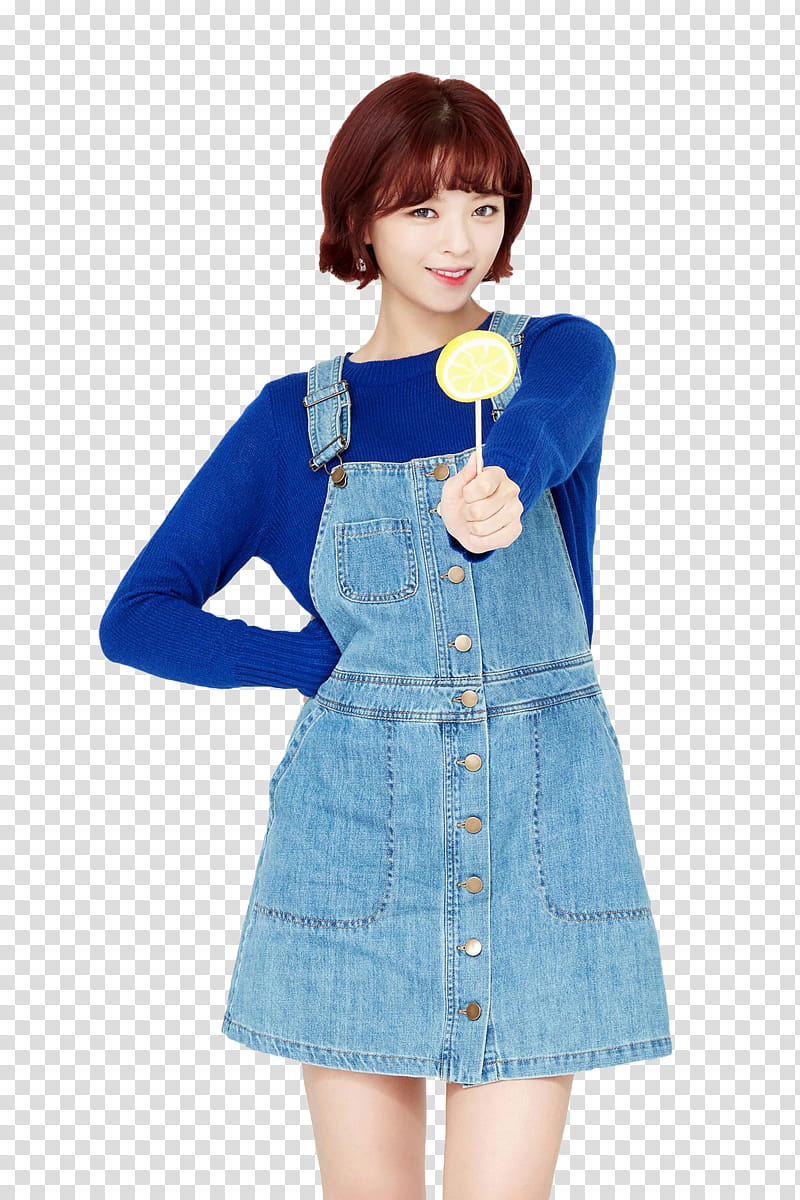 TWICE, woman in blue skirtalls holding lollipop transparent background PNG clipart
