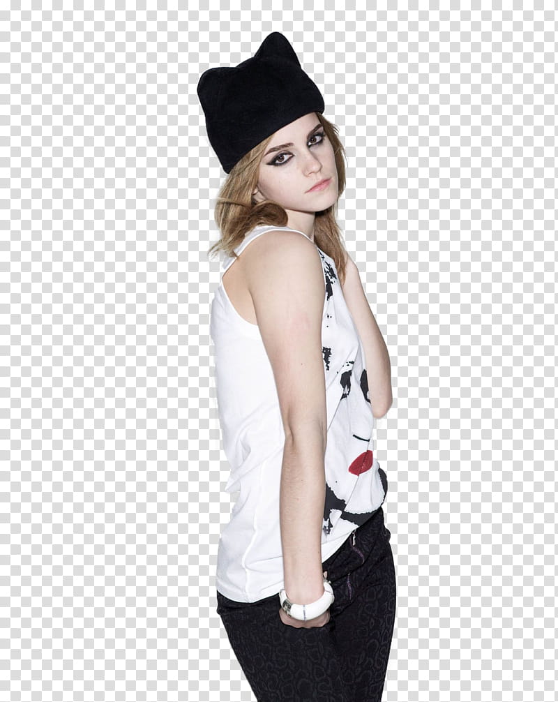 Emma Watson, woman wearing white, black, and red sleeveless top and black cap with hands in pocket transparent background PNG clipart