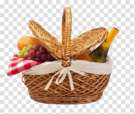 Spring, picnic basket filled with fruits and liquor bottle transparent background PNG clipart