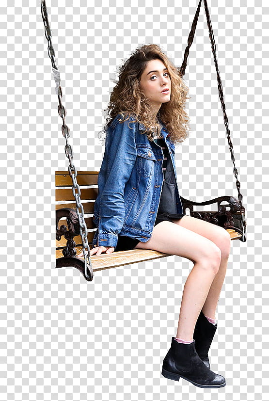 Natalia Dyer, girl sitting on swing bench transparent background PNG clipart