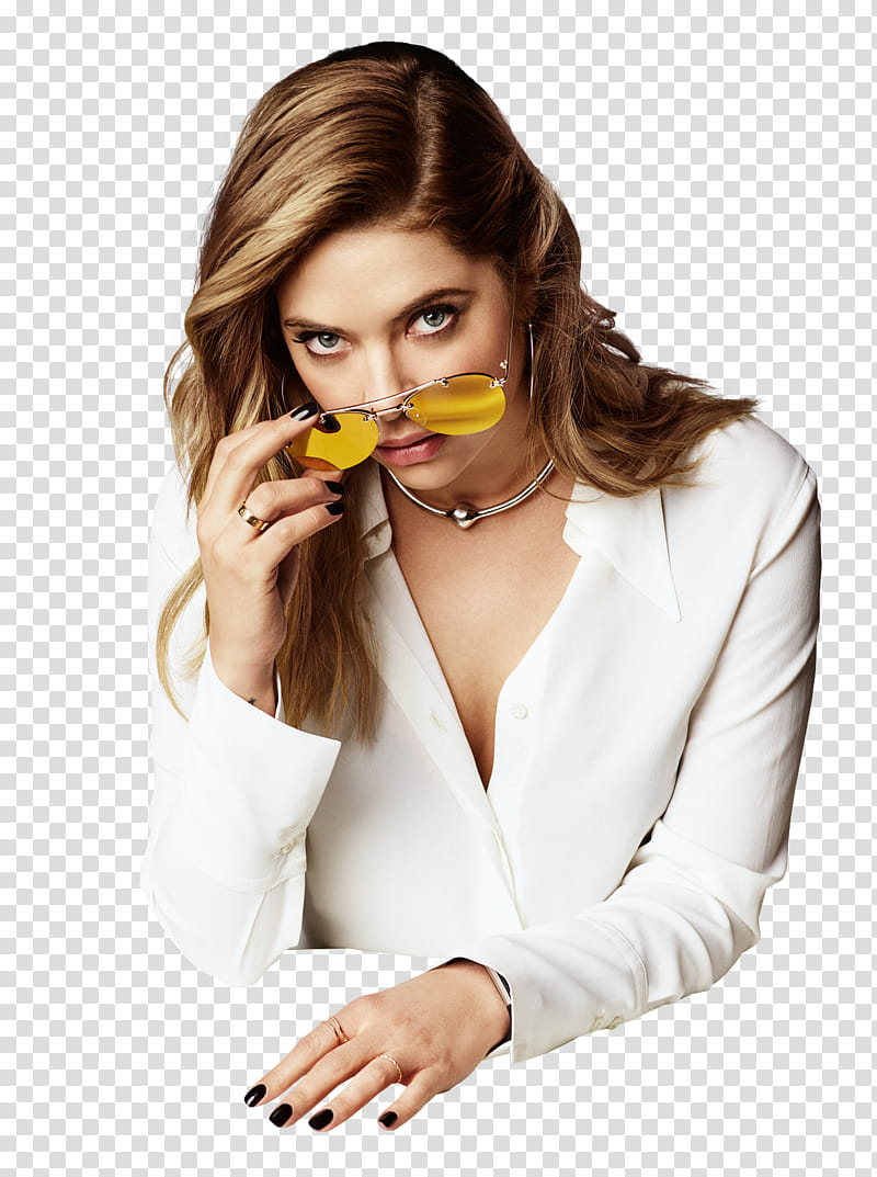 Ashley Benson, woman wearing aviator and white blouse transparent background PNG clipart