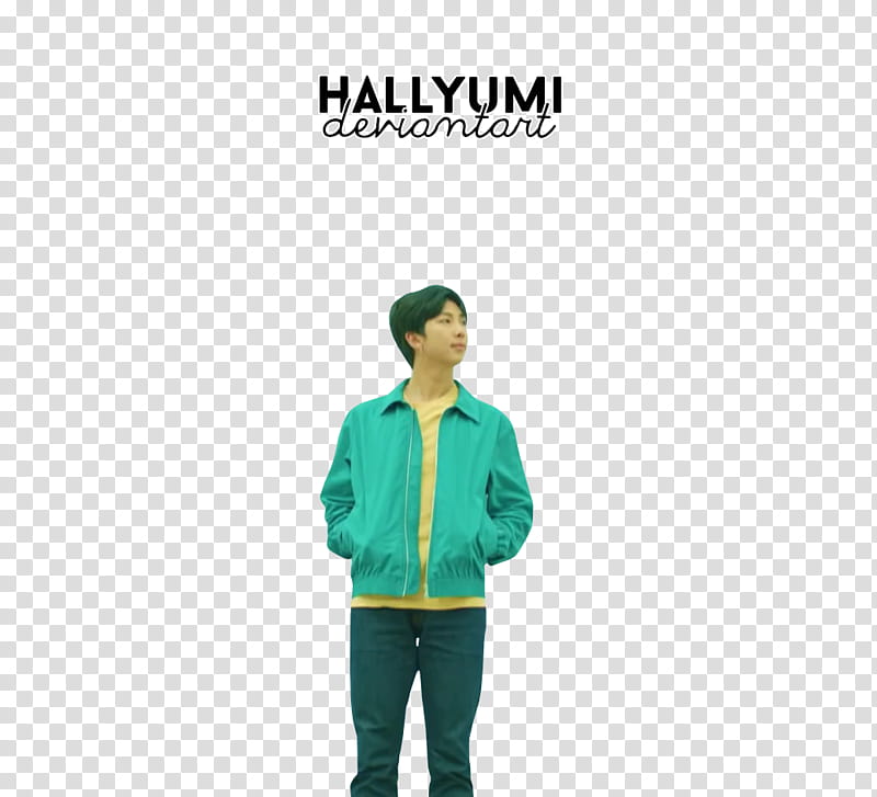 BTS Euphoria, man wearing green jacket and green pants with Hallyumi text overlay transparent background PNG clipart