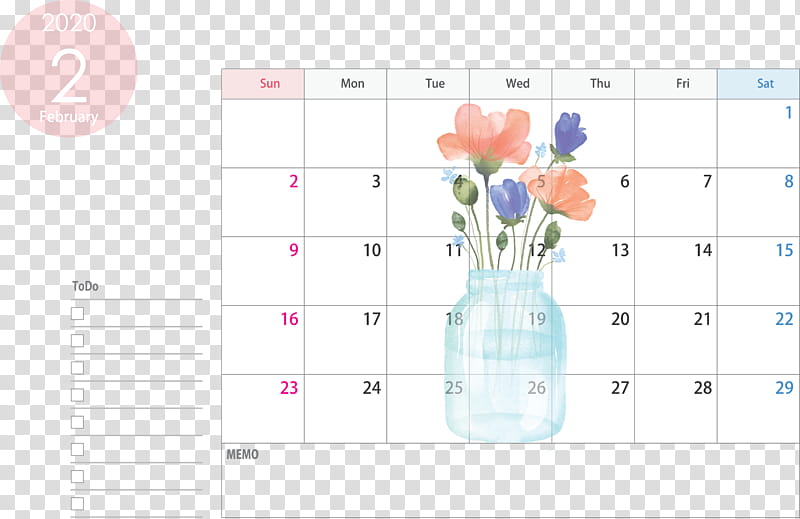 February 2020 Calendar February 2020 Printable Calendar 2020 Calendar, Text, Pink, Line, Petal, Flower, Diagram, Paper transparent background PNG clipart