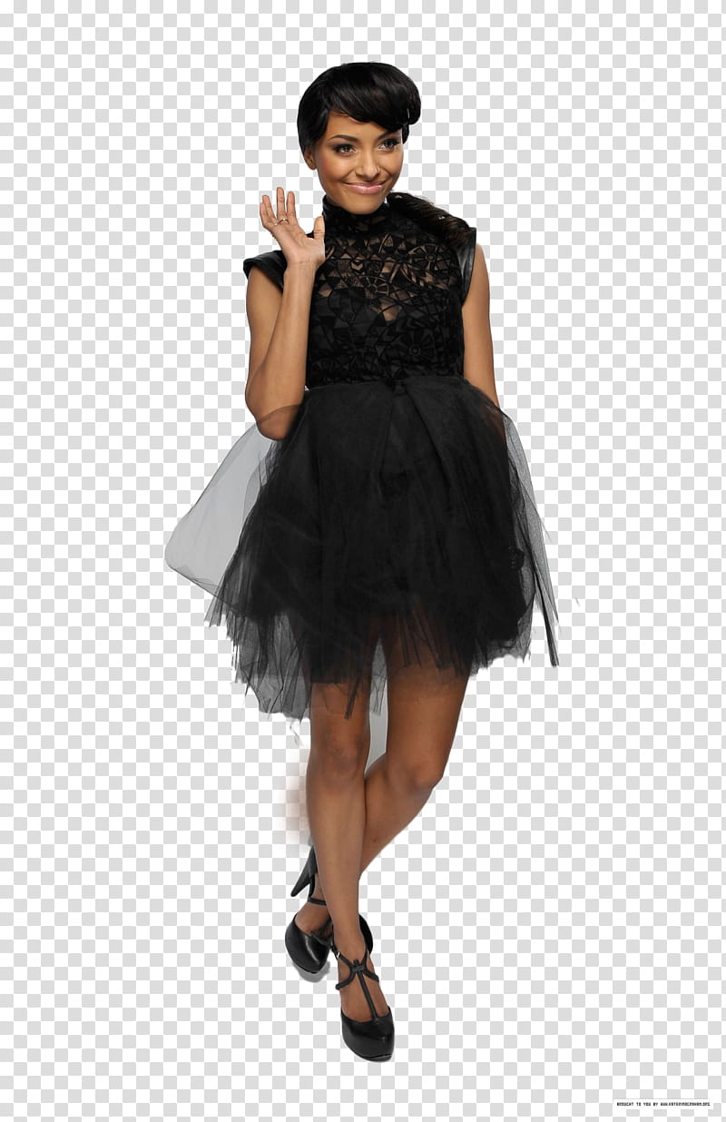 Kat Graham, woman in black sleeveless dress waving her hand transparent background PNG clipart