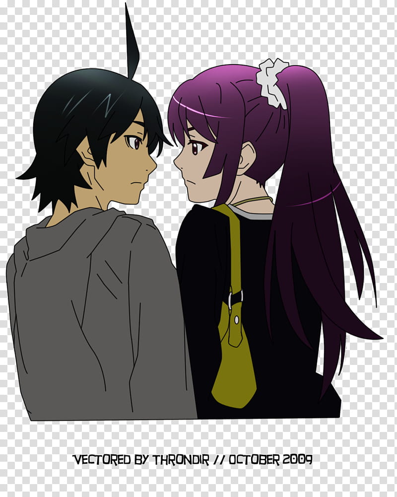 Bakemonogatari Render, male and female character sitting beside each other artwork transparent background PNG clipart