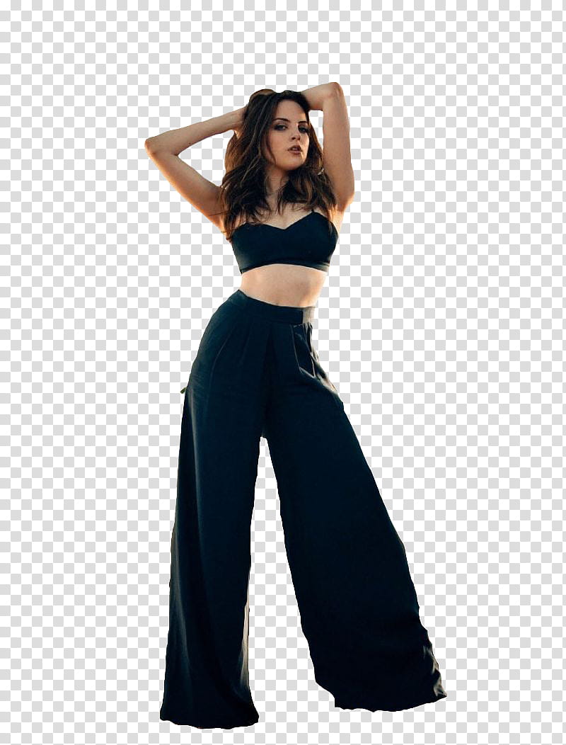 Elizabeth Gillies , woman wearing black bralet with flare pants transparent background PNG clipart
