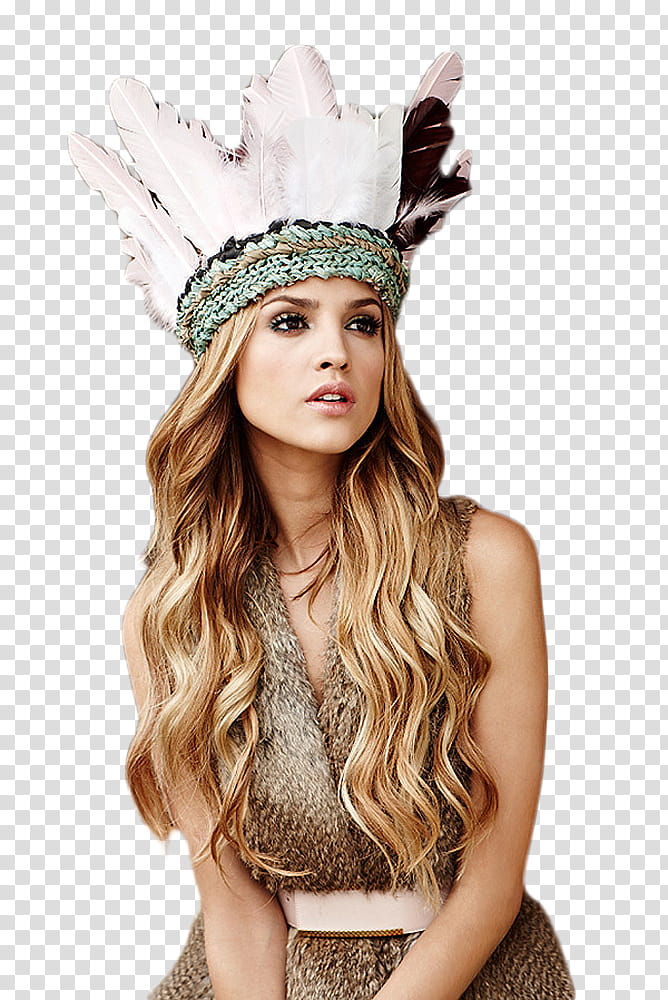 Eiza Gonzalez, woman wearing white and black feather headdress transparent background PNG clipart