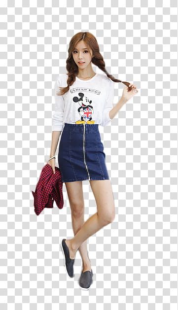 woman wearing white and black Mickey Mouse graphic long-sleeved shirt and blue denim skirt transparent background PNG clipart