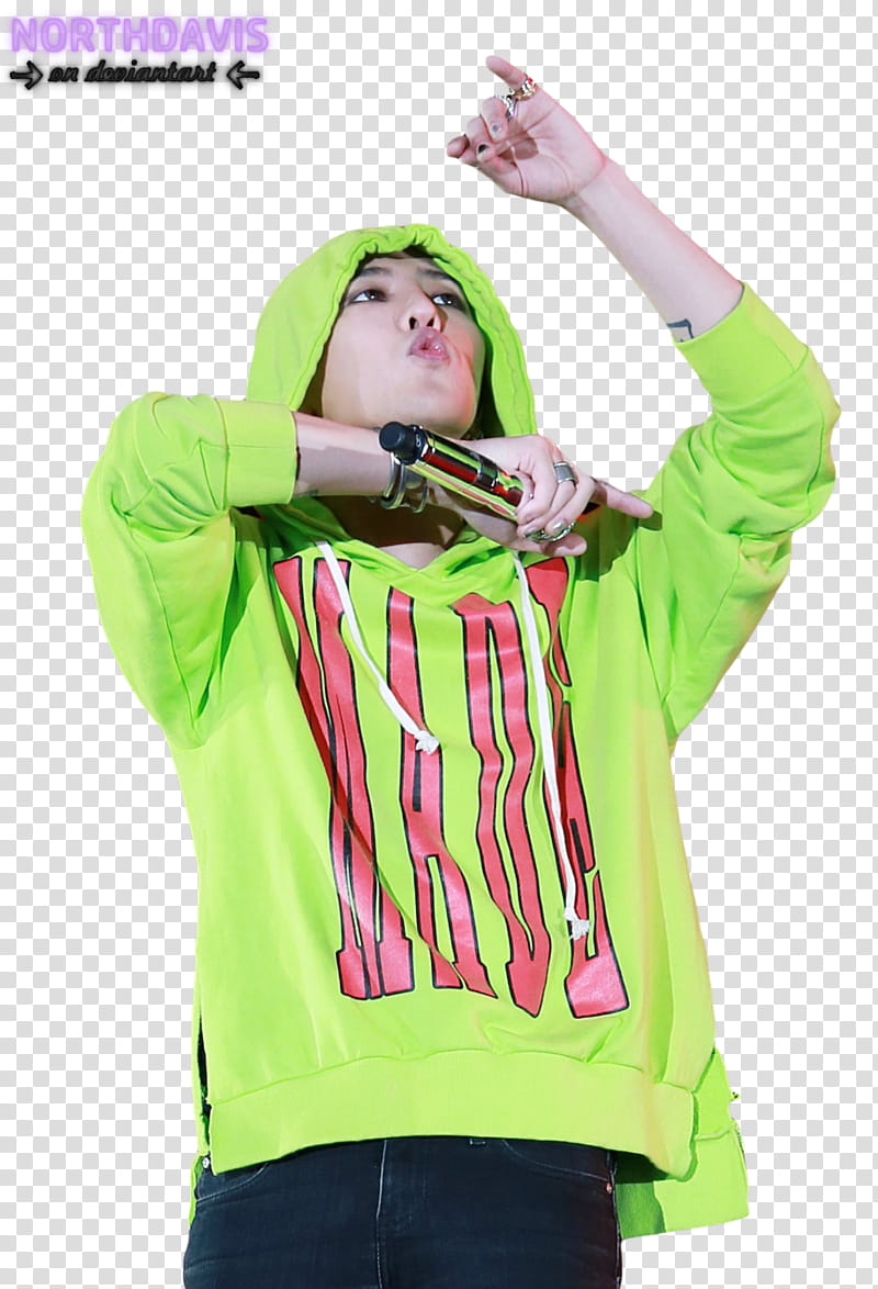 G Dragon BIGBANG, man wearing green pullover hoodie transparent background PNG clipart