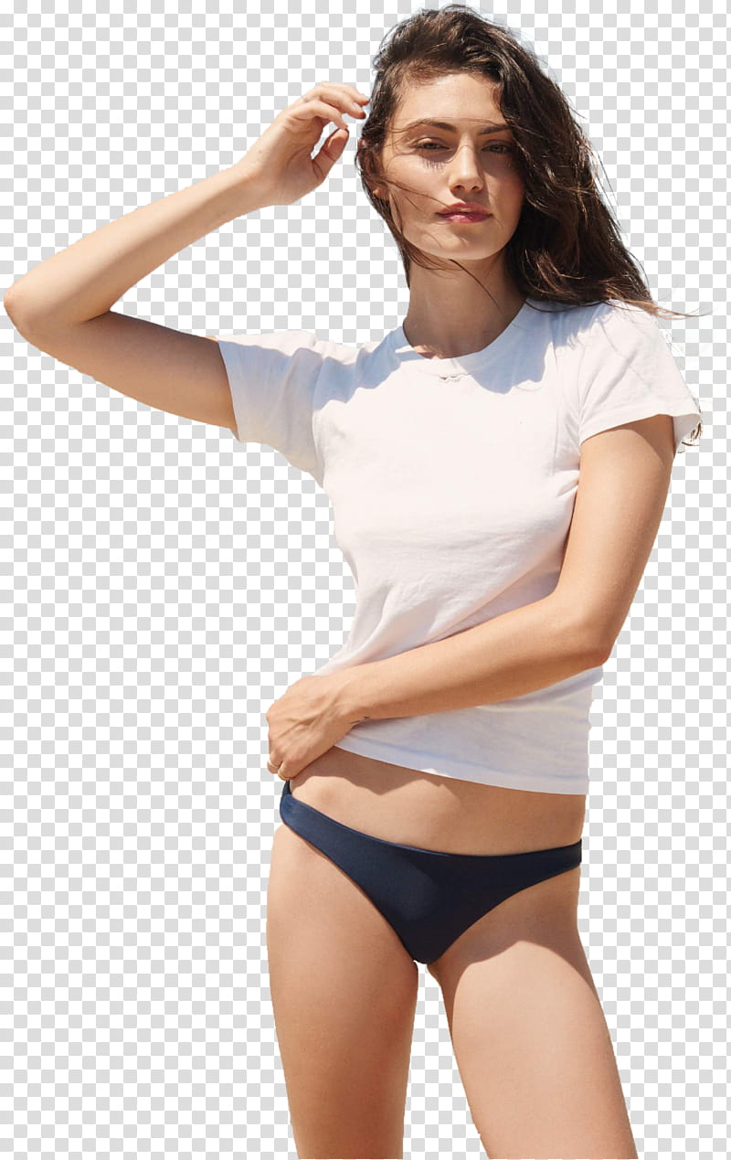 Phoebe Tonkin, woman wearing white t-shirt and blue panty transparent  background PNG clipart