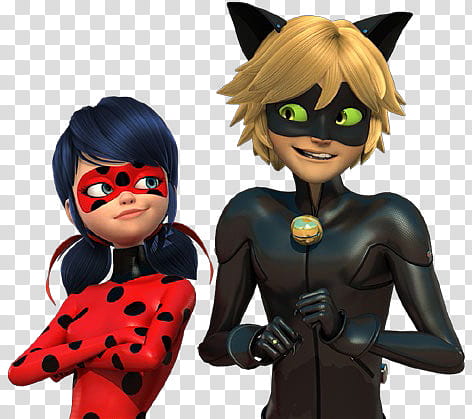 Miraculous Ladybug And Chat Noir, red suited and black suited cartoon characters standing side transparent background PNG clipart