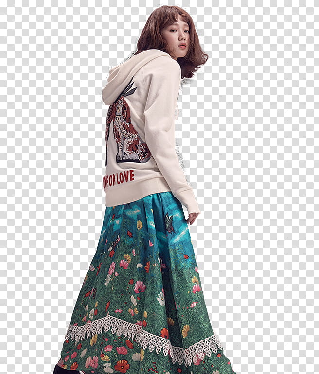 Lee Sung Kyung Elle Magazine, standing woman wearing white hoodie and green floral skirt transparent background PNG clipart