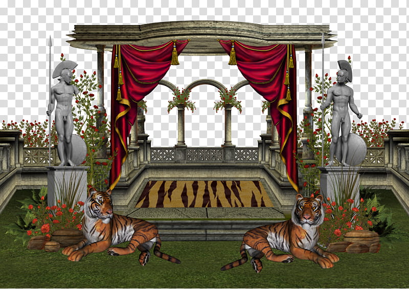 medieval structure , gazebo between statue and tigers illustration transparent background PNG clipart