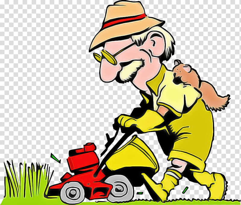 cartoon lawn mower vehicle mower gardener, Cartoon, Outdoor Power Equipment, Riding Toy transparent background PNG clipart
