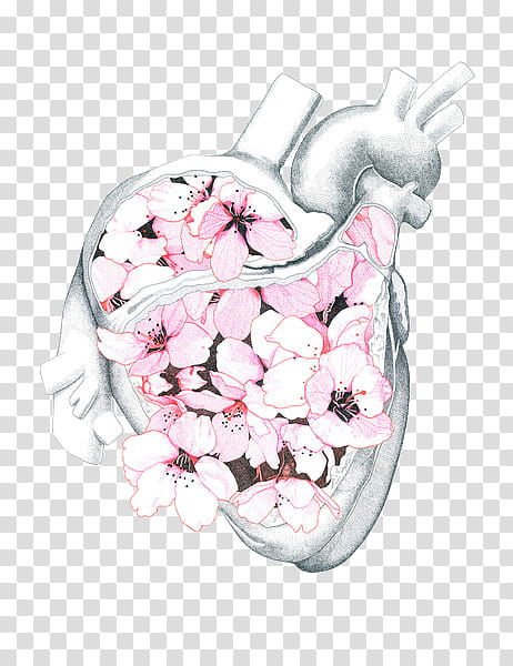 S, gray human heart with pink petaled flower inside illustration transparent background PNG clipart
