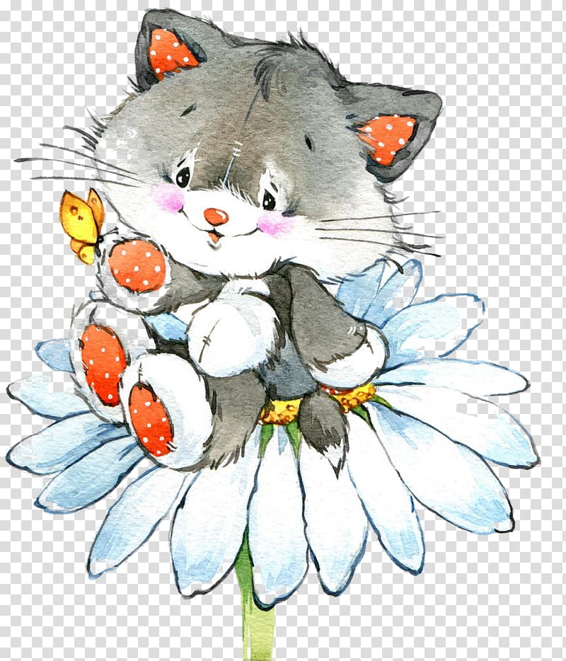 white cat cartoon whiskers plant, Watercolor Cat, Cute Cat, Flower, Small To Mediumsized Cats transparent background PNG clipart