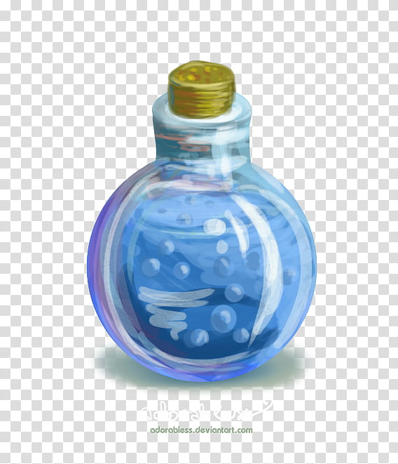 Level  Mana Potion  available OPEN, clear blue glass bottle illustration transparent background PNG clipart