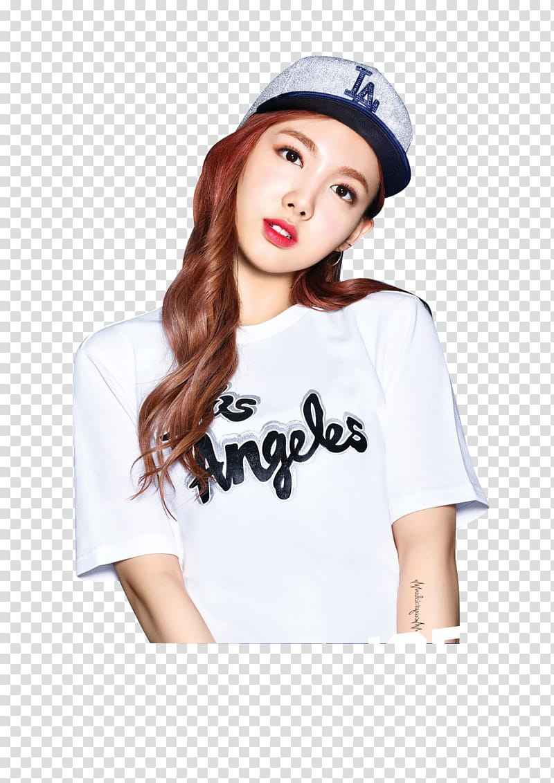 TWICE , South Korean female singer wearing white Los Angeles shirt transparent background PNG clipart