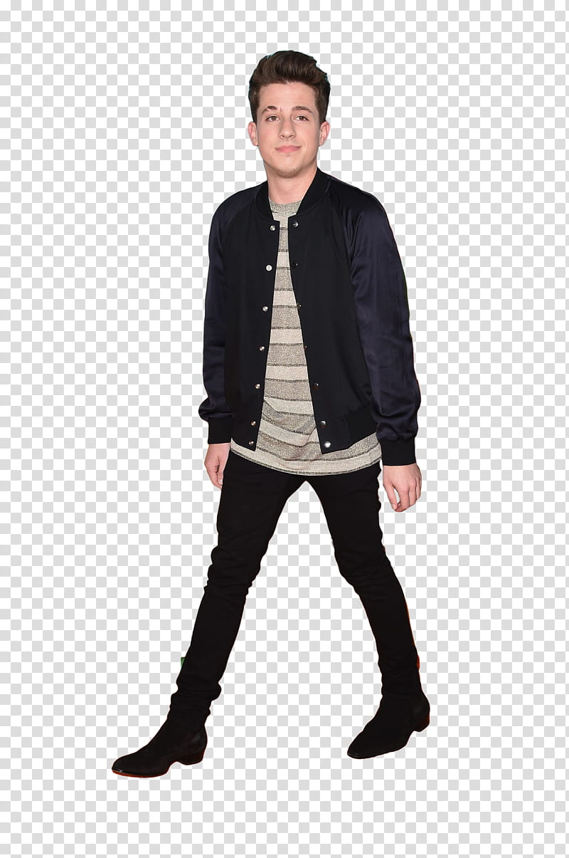 Charlie Puth, man wearing black jacket walking while making face transparent background PNG clipart