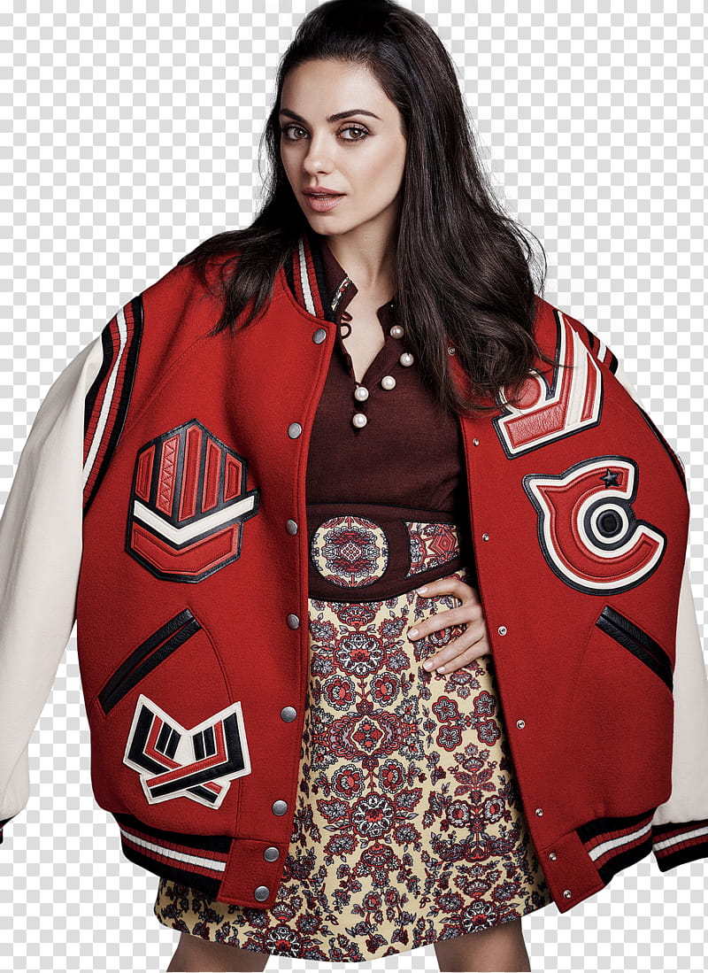 Mila Kunis, woman wearing red and white varsity jacket transparent background PNG clipart