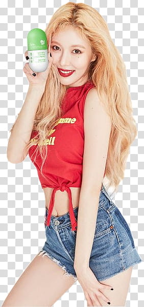 HyunA GRN, smiling woman wearing red crop top holding bottle while standing transparent background PNG clipart