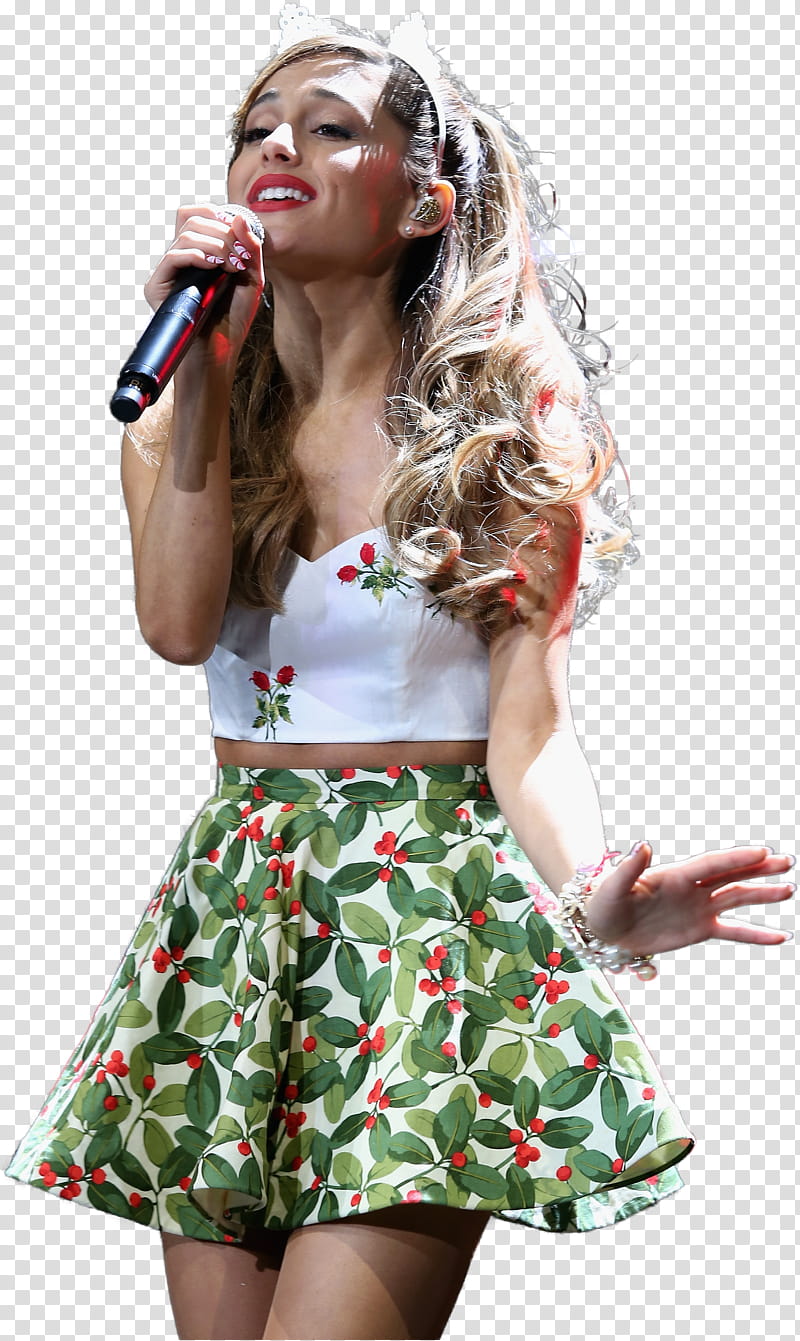 Ariana Grande , woman in white and green dress standing and holding microphone transparent background PNG clipart