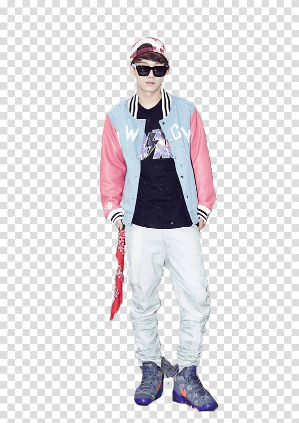 EXO Growl Ver, man in blue and pink letterman jacket and white pants standing transparent background PNG clipart