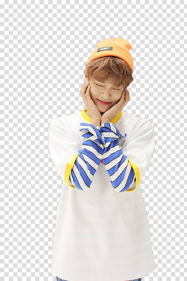 Lee Daehwi wearing white and yellow shirt standing white putting hand on his face transparent background PNG clipart