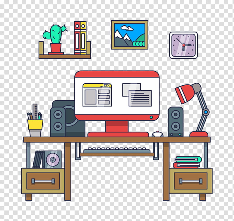 Study, Table, Desk, Computer, Bookcase, Furniture, Technology, Line transparent background PNG clipart
