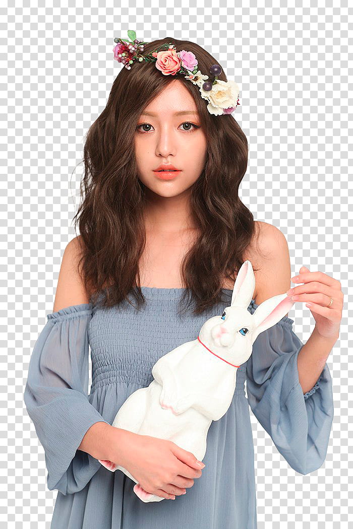 BAEK SEUNG YEON, woman wearing blue off-shoulder dress holding white rabbit plush toy transparent background PNG clipart