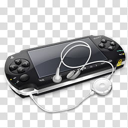 Psp icons, psp + headphones, black Sony PSP with earphones illustration transparent background PNG clipart