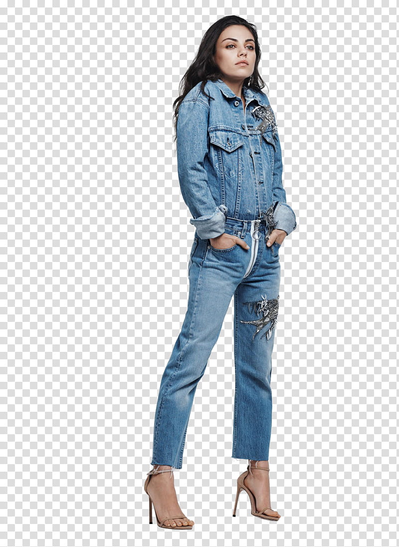 Mila Kunis, standing woman in blue denim jacket with hand on pocket transparent background PNG clipart