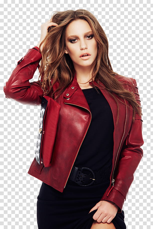 Serenay Sarkaya, woman wearing leather jacket transparent background PNG clipart