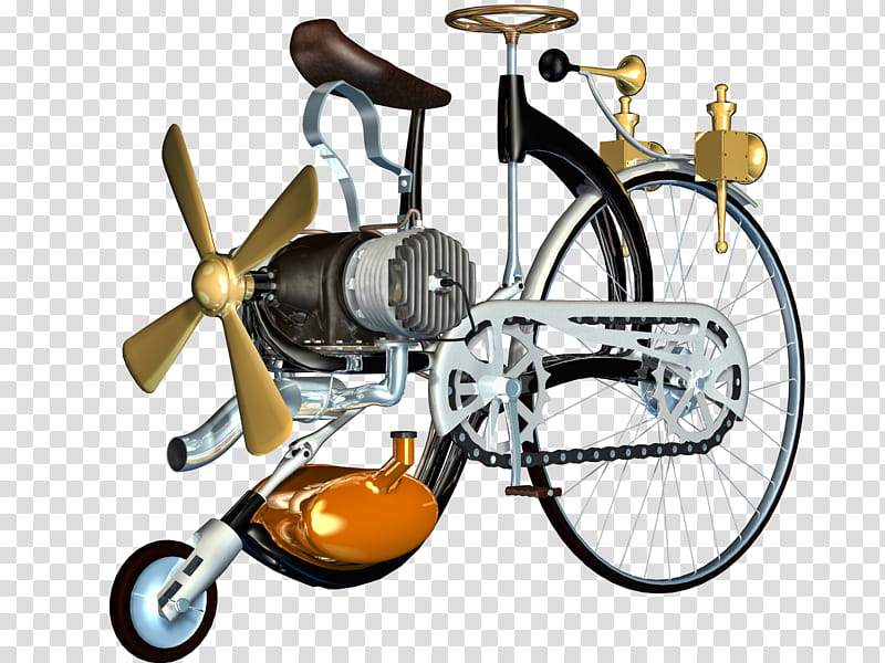 Steampunk Bike , vintage black and brown motorized bicycle with propeller transparent background PNG clipart