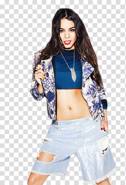 Vanessa Hudgens, woman wearing blue and white zip-up jacket and gray short shorts transparent background PNG clipart