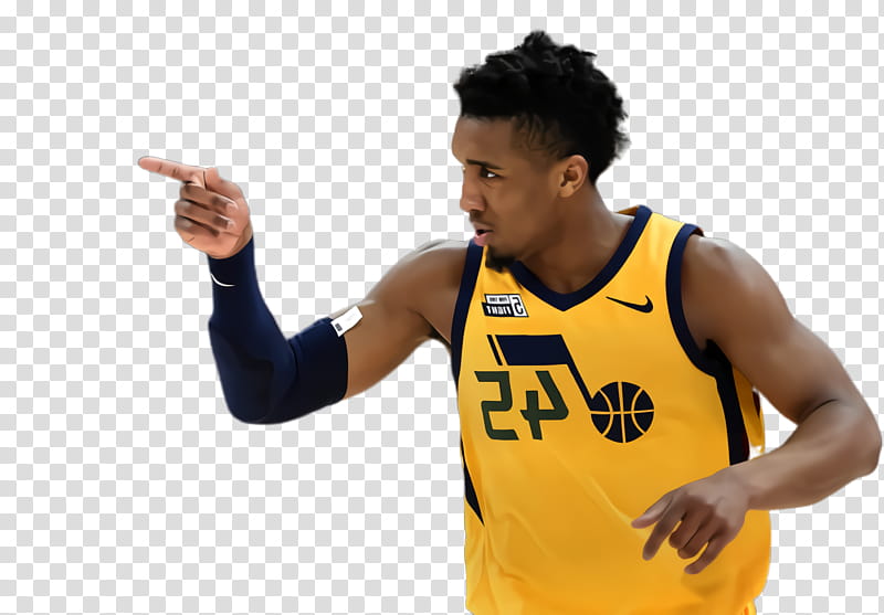 Donovan Mitchell basketball player, Sports, Team Sport, Tshirt, Outerwear, Shoe, Uniform, Yellow transparent background PNG clipart