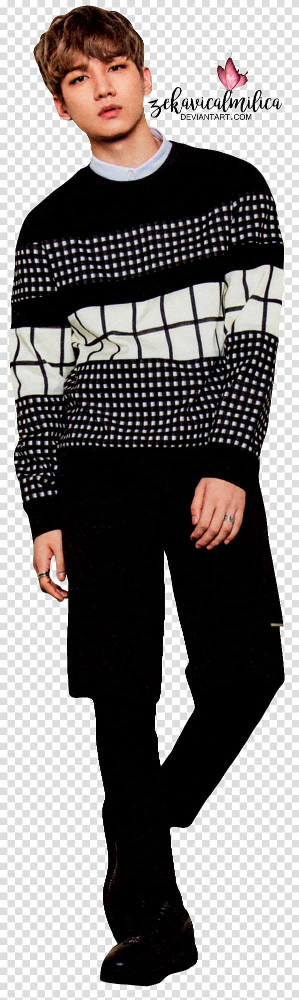 VIXX Hyuk Shangri La, man in black and white sweater transparent background PNG clipart