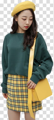 Yves LOONA, woman wearing green sweater and blue and green plaid skirt transparent background PNG clipart