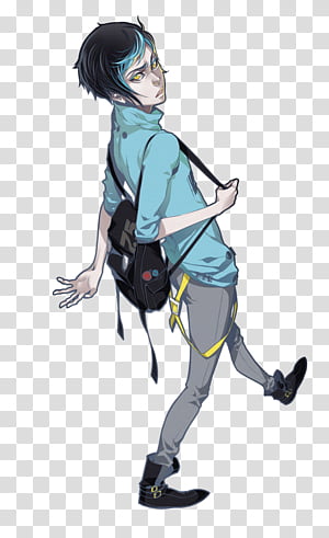 Anime girl trekking alone in the natue. Travel lifestyle. Cute pretty girl  with courage backpacking in the mountains. Looking at the horizon. Drawing  of a manga, cartoon character. Lofi girl walking. Stock