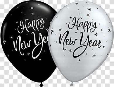 Happy New Year , two black and white happy new year balloons transparent background PNG clipart