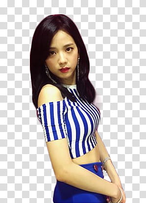 Jisoo BLACKPINK, woman wearing blue and pink pinstriped cold-shoulder crop top transparent background PNG clipart