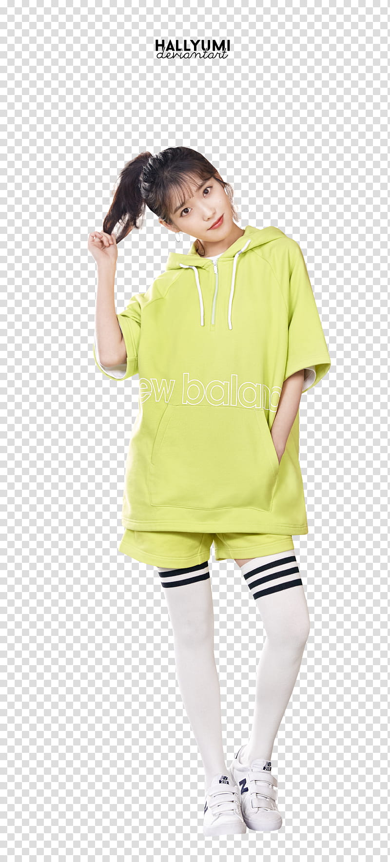 IU, standing woman wearing green pullover hoodie touching her hair transparent background PNG clipart