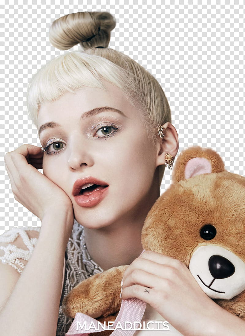 Dove Cameron, woman hugging brown bear toy transparent background PNG clipart