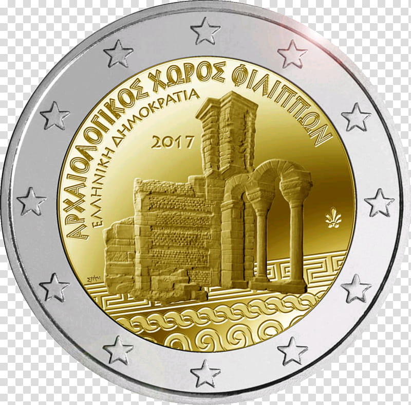 Gold Coin, 2 Euro Coin, Euro Coins, Philippi, Commemorative Coin, Uncirculated Coin, Coin Wrapper, Bimetallic Coin, 20 Euro Note transparent background PNG clipart