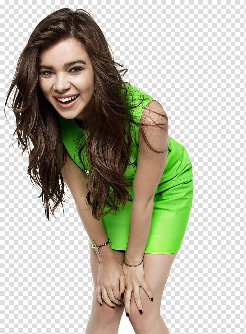  Hailee Stainfeld, woman wearing green sleeveless mini dress smiling while bending transparent background PNG clipart