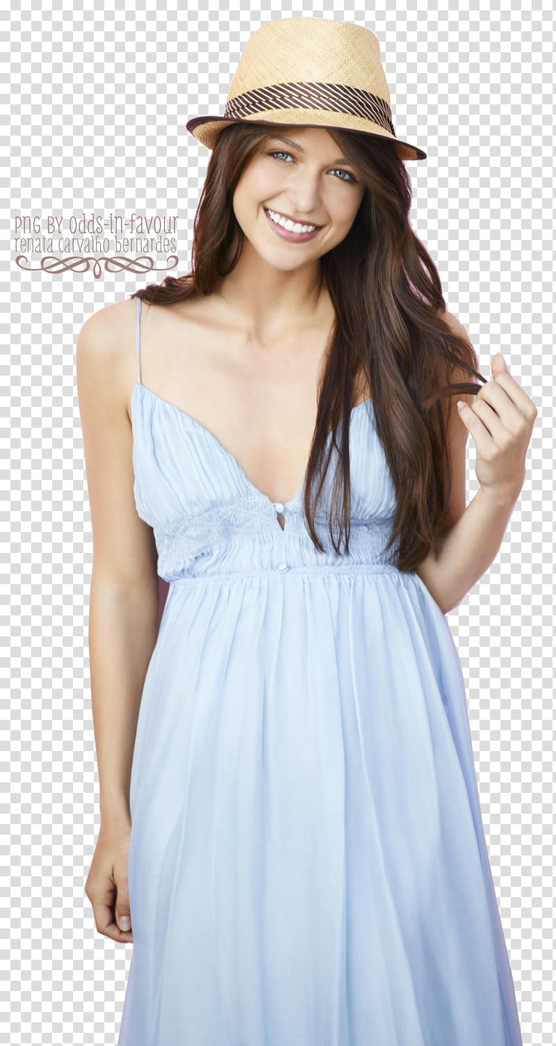 Melissa Benoist, smiling woman wearing brown fedora hat and blue dress transparent background PNG clipart