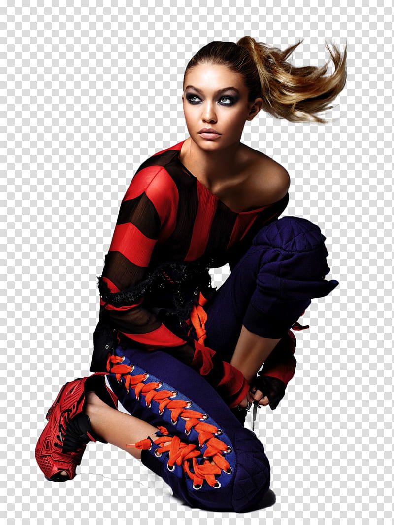 Gigi Hadid, woman wearing red black stripe shirt kneeling transparent background PNG clipart