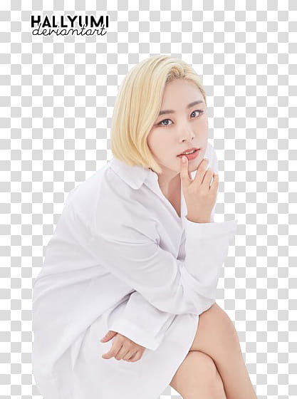 Wheein, woman wearing white coat with text overlay transparent background PNG clipart