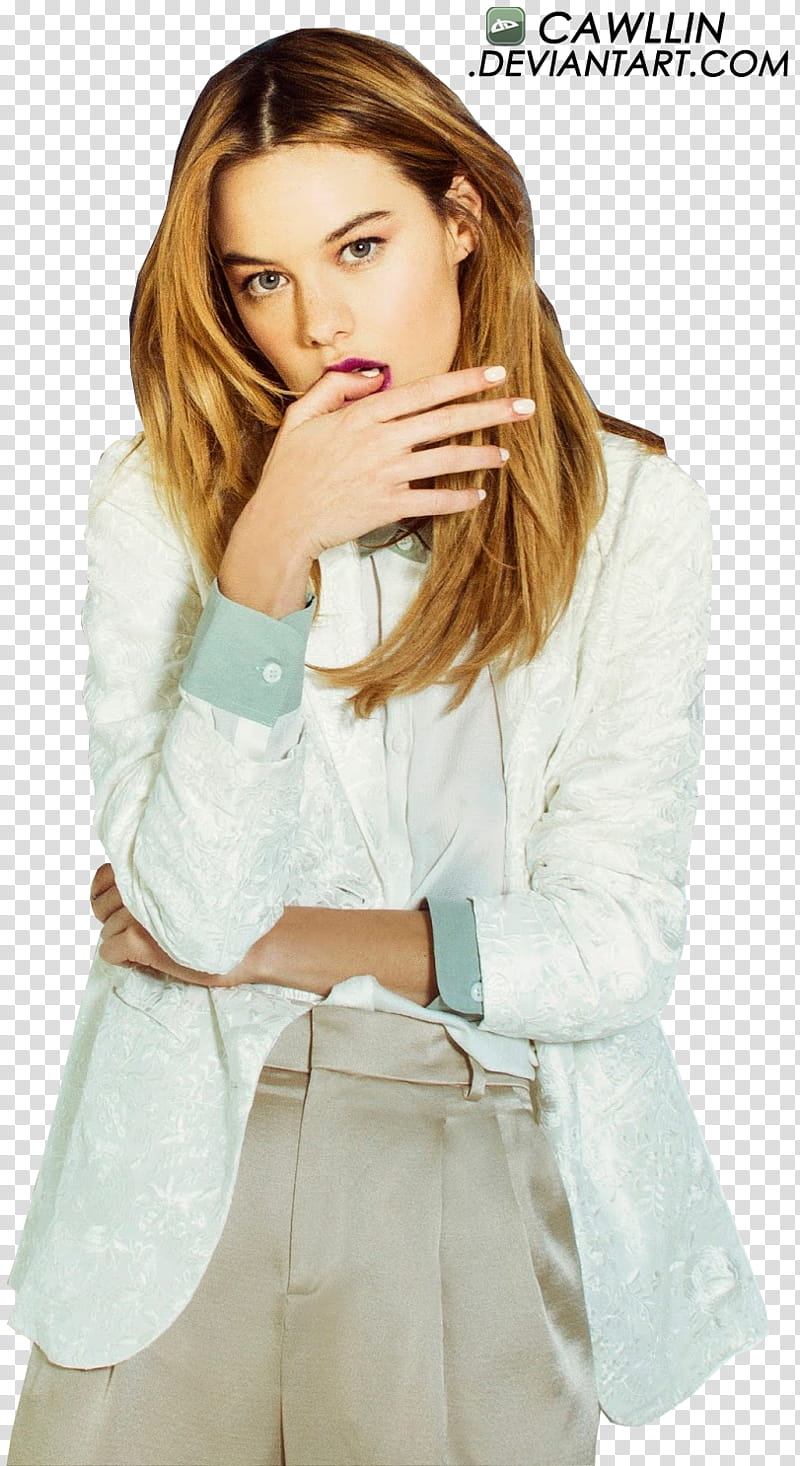 Camille Rowe model, woman standing while thumb on lip transparent background PNG clipart