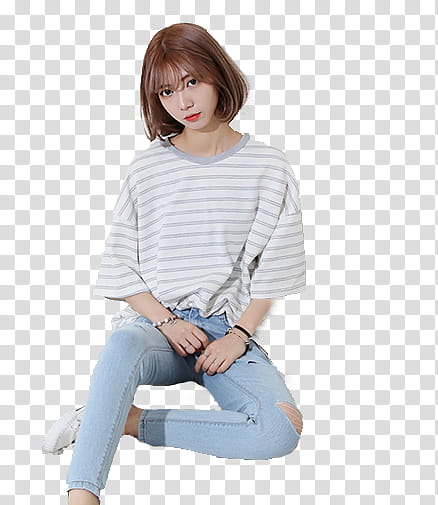 SHARE ULZZANG, woman in white shirt and blue jeans sitting transparent background PNG clipart